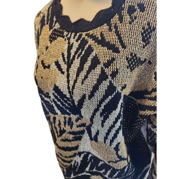 Vintage 80s Arielle Botanical Long Sleeve Sweater Gold Black Pullover - Picture 2 of 7